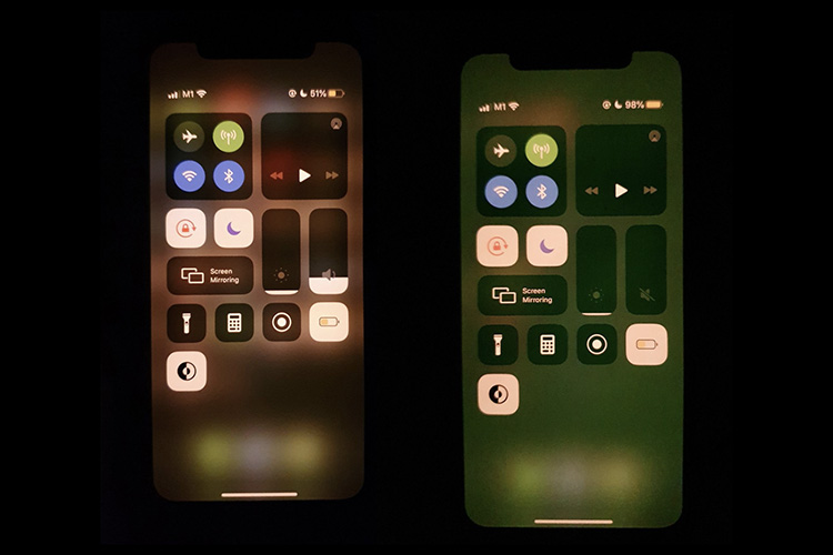 Two iPhone 11 displays compared, device on the right with the green tint issue.