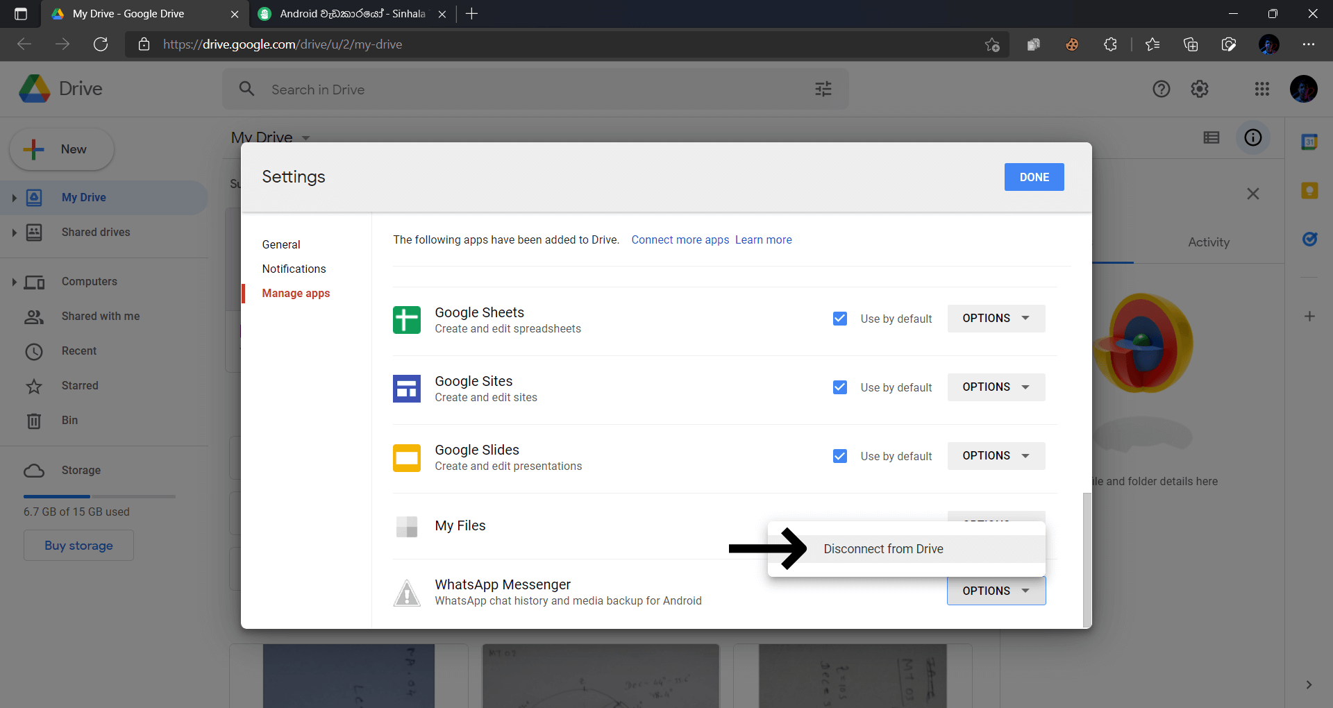 Disconnecting whatsApp from google drive