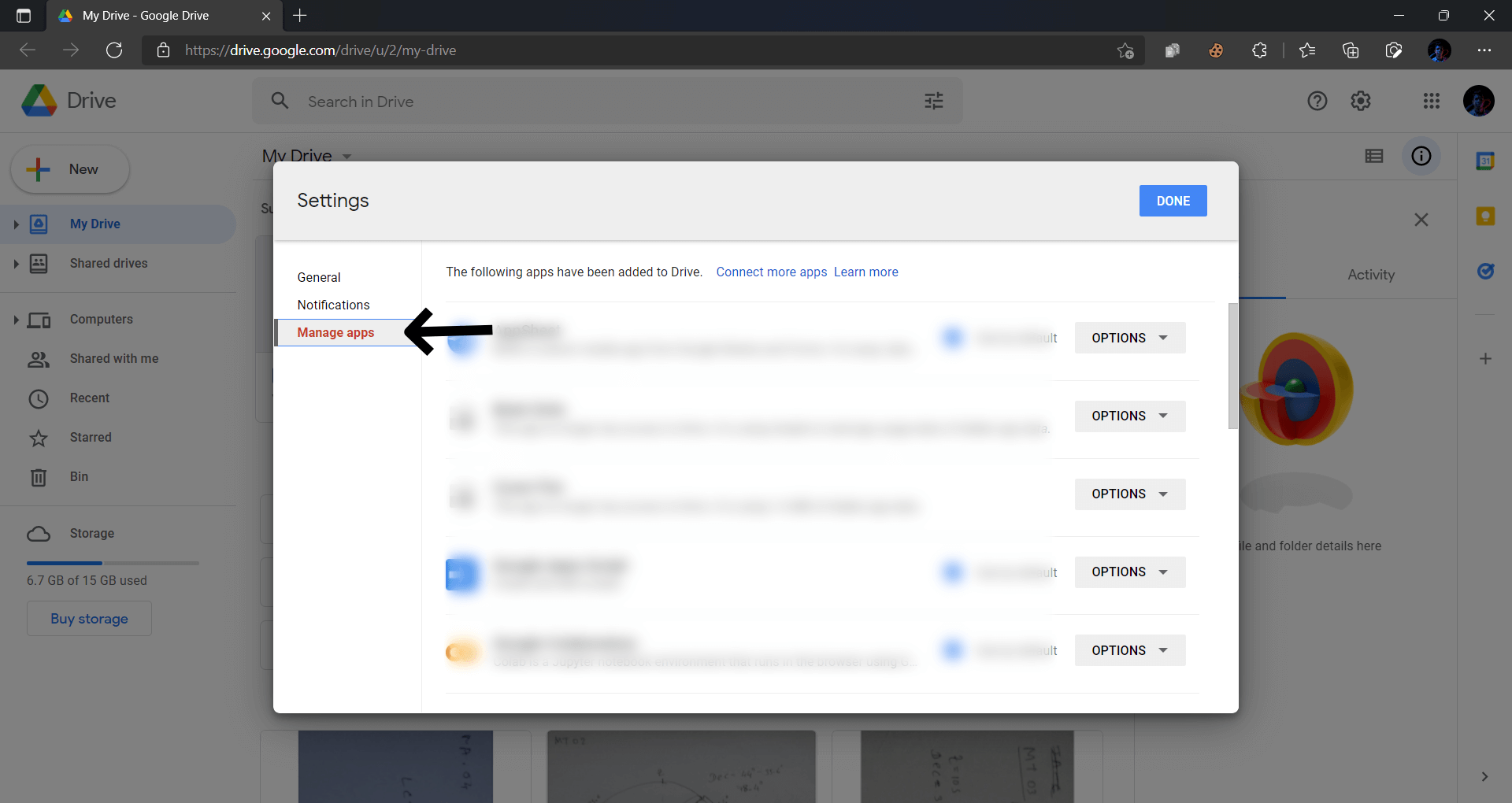 Manage Apps option in Google Drive
