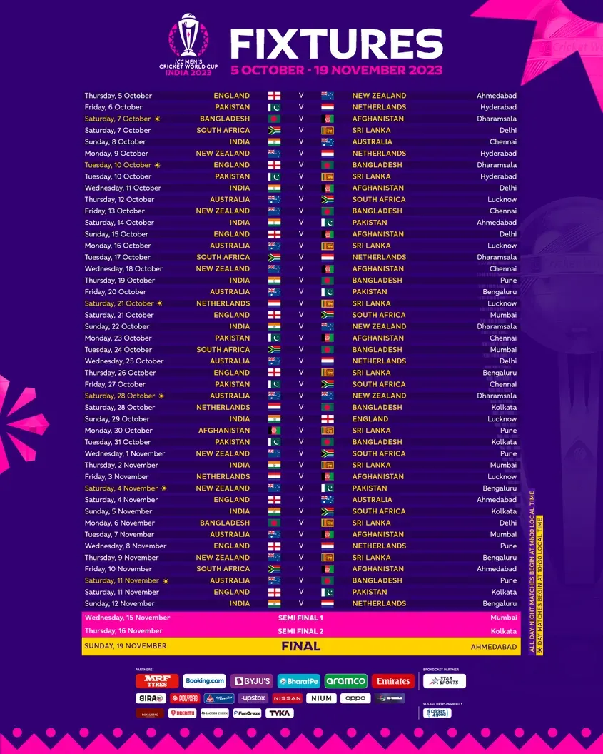Match schedule announced for ICC Men\'s Cricket World Cup 2023