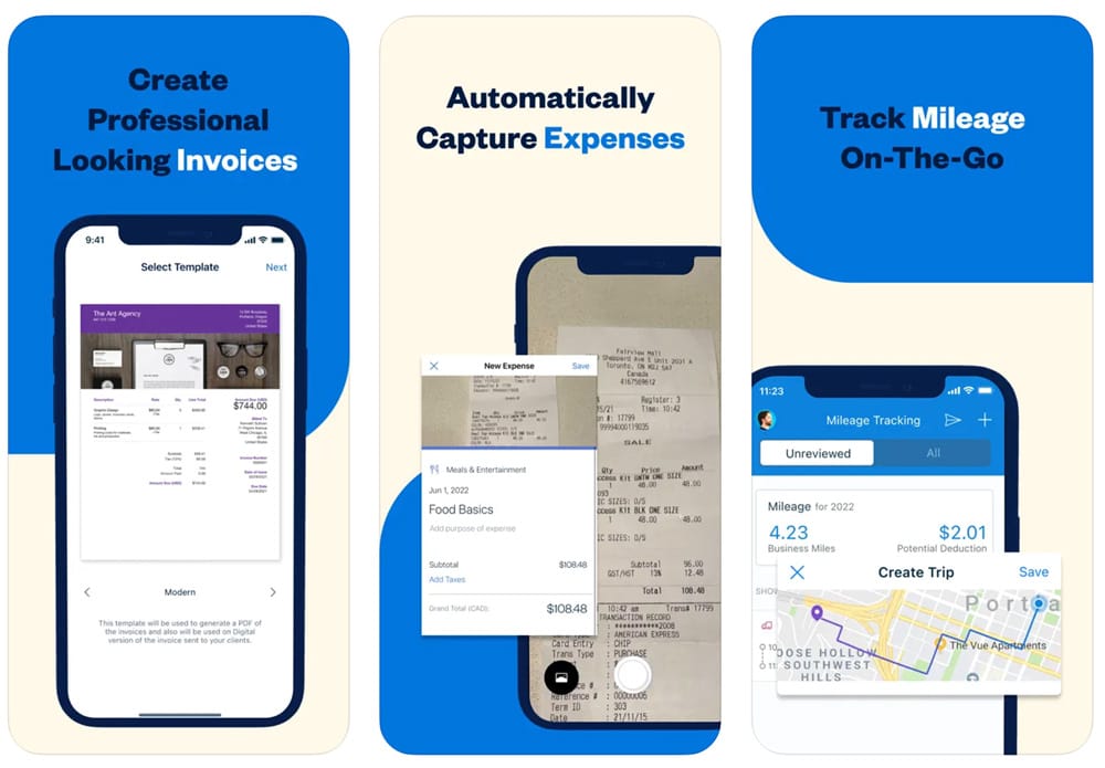 Three screenshots of the Freshbooks app