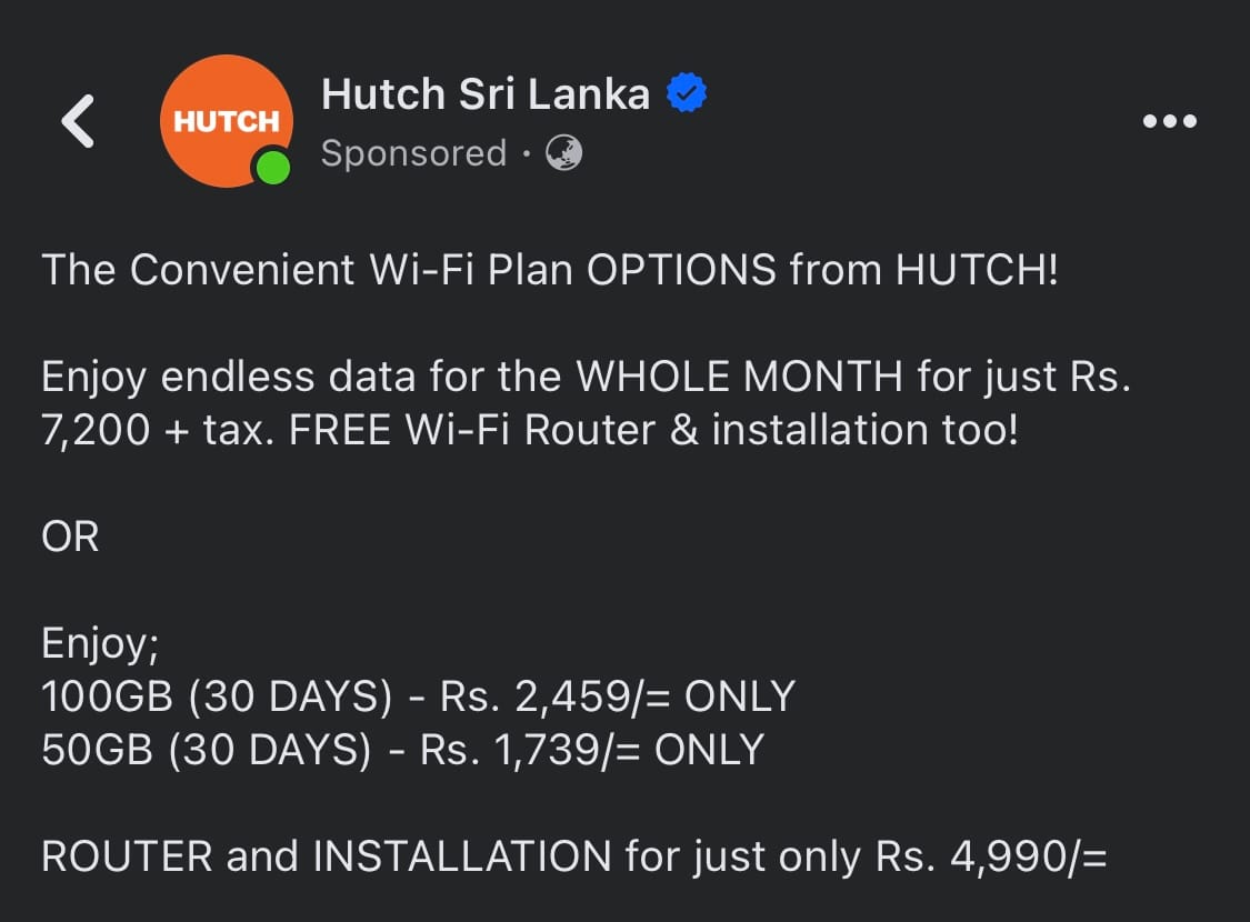Hutch සමාගම විසින් නව Home Broadband පැකේජ දෙකක් හඳුන්වා දෙයි