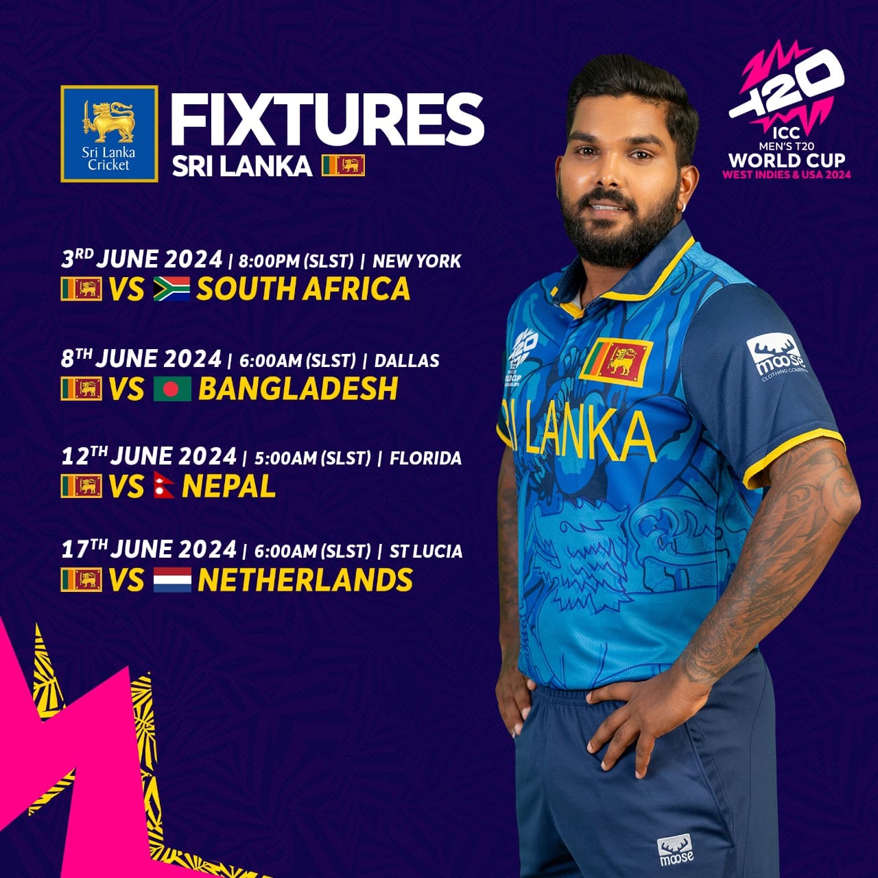 May be an image of 1 person and text that says "120 VICC WORLDCUP BLACK KNIGHT. SRI LANKA FIXTURES AMES 28 MAY LAUDERHILL 8.00 PM VS NETHERLANDS WARMUP VS IRELAND आਾ MAY LAUDERHILL 8.00 PM VS SOUTH AFRICA WOR SRI LA 3RD JUNE NEW YORK 8.00 4 Vs BANGLADESH 8T JUNE DALLAS 6.00 AM ου 12 JUNE LAUDERHILL 5.00 5.00AM AM vs NEPAL Vs *SL TIME NETHERLANDS 17TH JUNE GROS ISLET 6.00 AM SRI LANKA'S NO.1 SPORTS CHANNEL ThePapare"